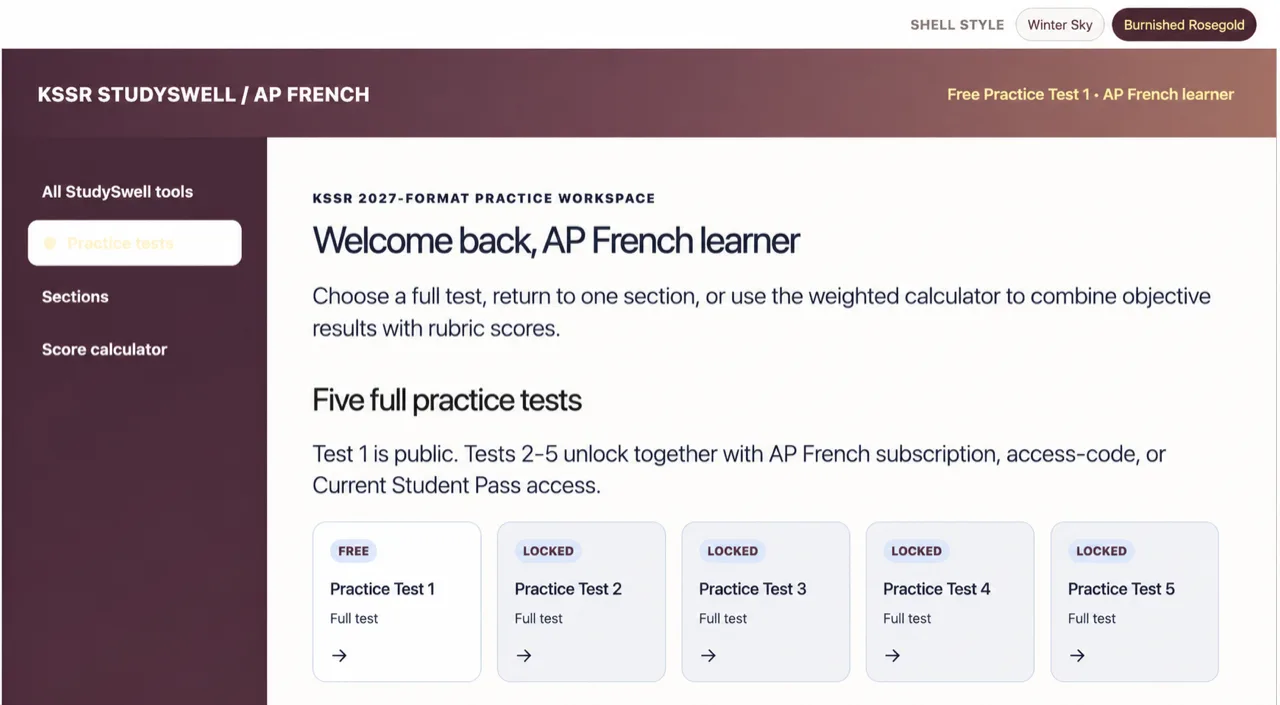 KSSR AP French full practice-test dashboard