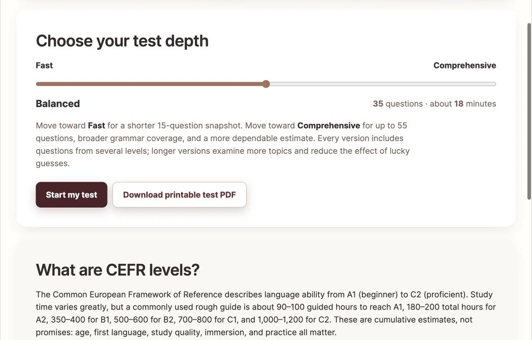 Desktop view of the English level-test depth controls