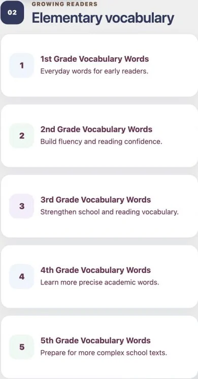 Responsive mobile view of complete elementary vocabulary collections