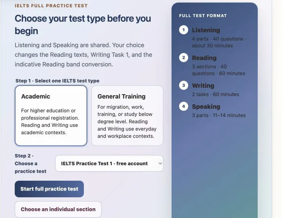 Focused desktop view of the KSSR IELTS Academic and General Training test launcher without the dashboard rail