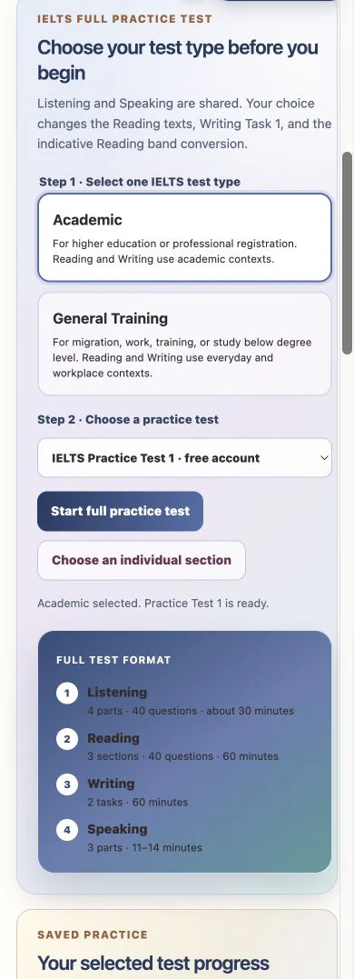 Responsive mobile view of the complete KSSR IELTS test launcher