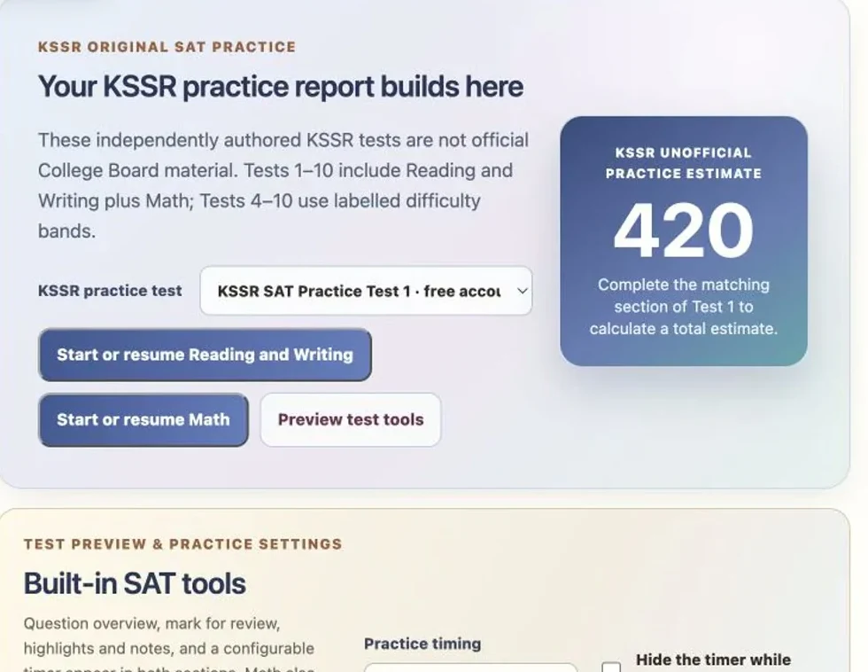Focused desktop view of the KSSR Digital SAT launcher, unofficial estimate and built-in practice tools without the dashboard rail