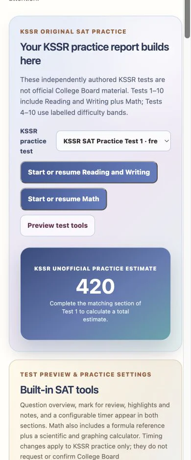 Responsive mobile view of the KSSR SAT launcher and unofficial practice estimate