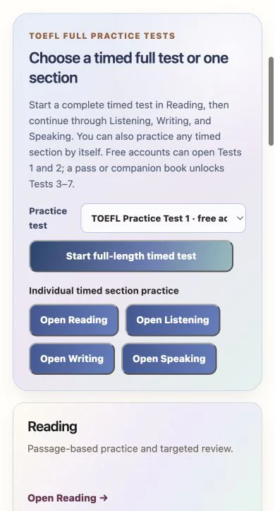 Responsive mobile view of the KSSR TOEFL test launcher