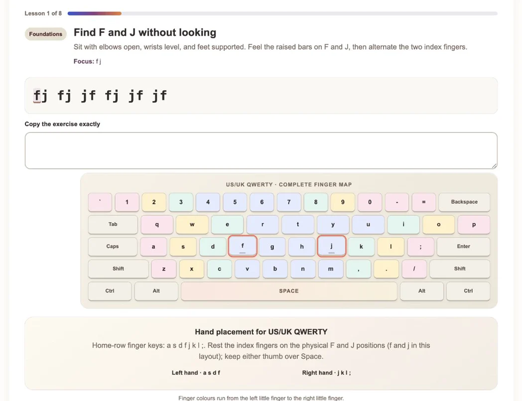 Desktop typing exercise with the complete finger-colour keyboard map and hand-placement guide