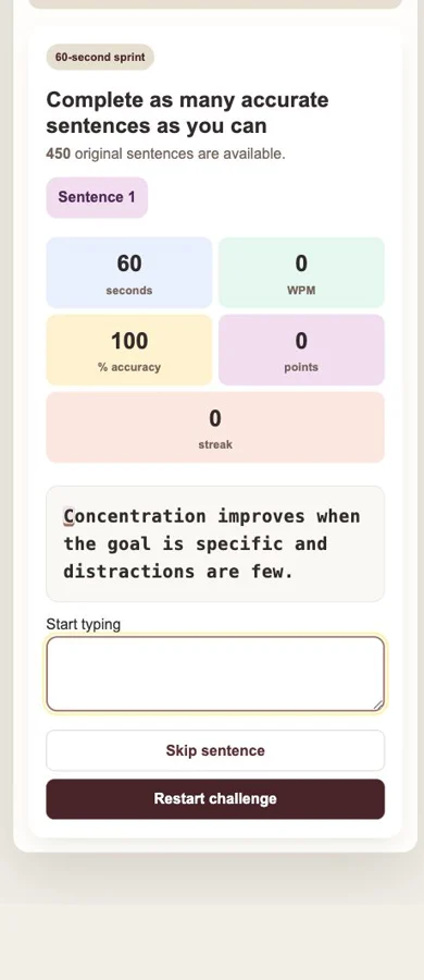 Responsive mobile 60-second typing challenge with a complete sentence, speed, accuracy and score