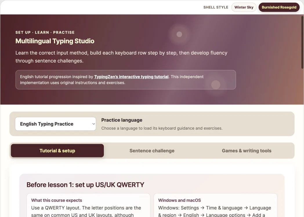 Desktop view of the Multilingual Typing Studio setup and language controls