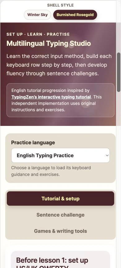Responsive mobile view of the typing studio language and tutorial setup
