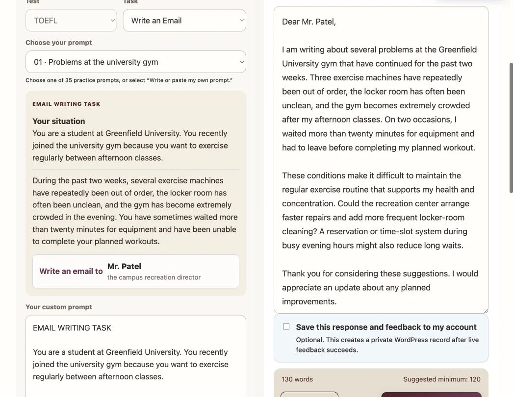 Desktop view of the Writing Feedback task and response workspace