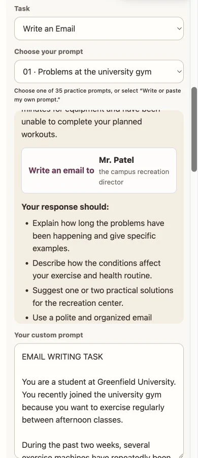 Responsive mobile view of a published TOEFL email writing task